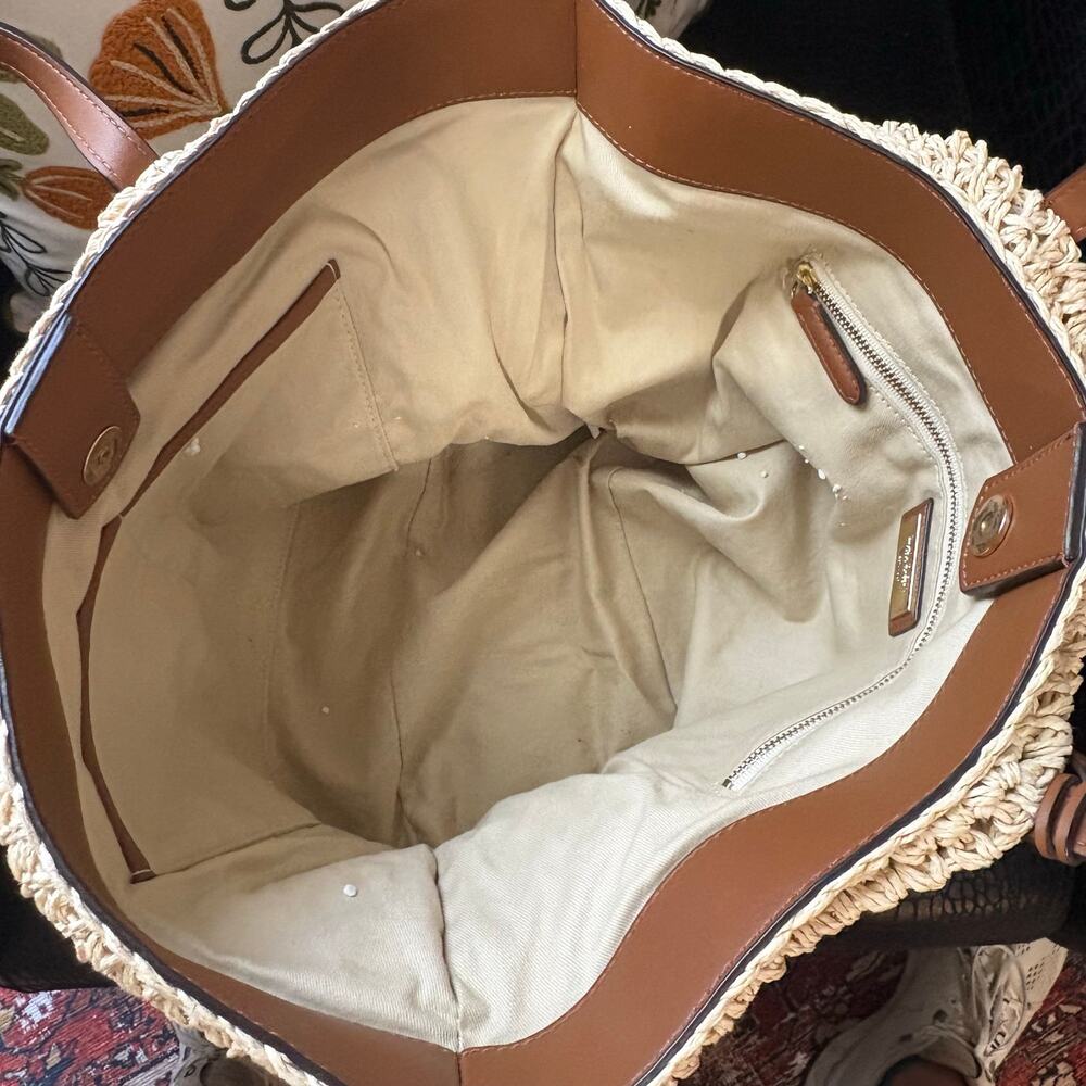 Lauren Ralph Lauren Whitney Medium Crochet Straw Tote Bag Tan Leather Tassel - Picture 9 of 16